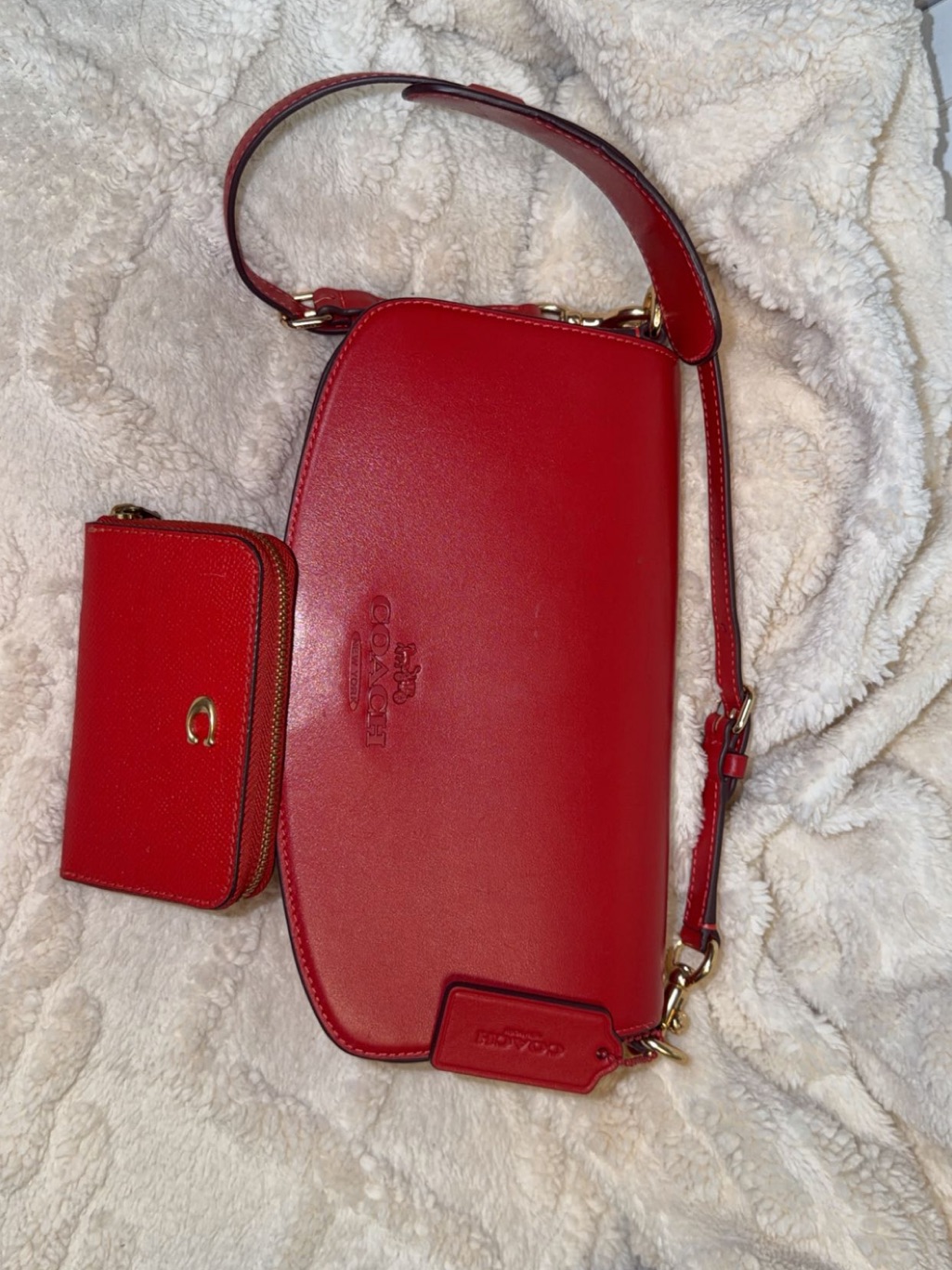 Coach Red Leather Shoulder Bag With Matching Card Case